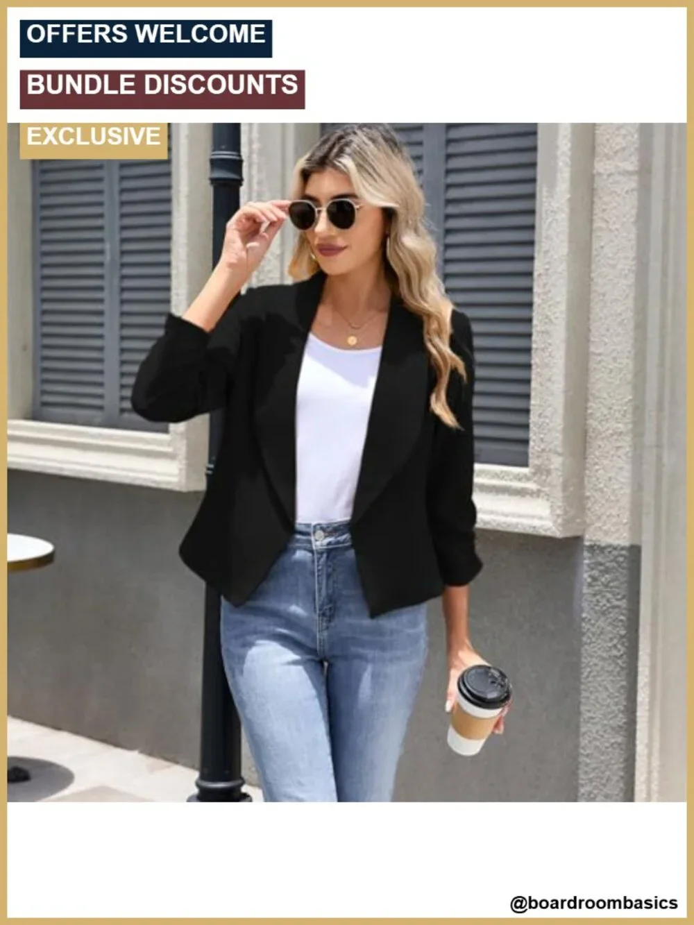 Casual Blazer 3/4 Sleeve Open Front Slim Fit Work Lightweight Suit Jacket